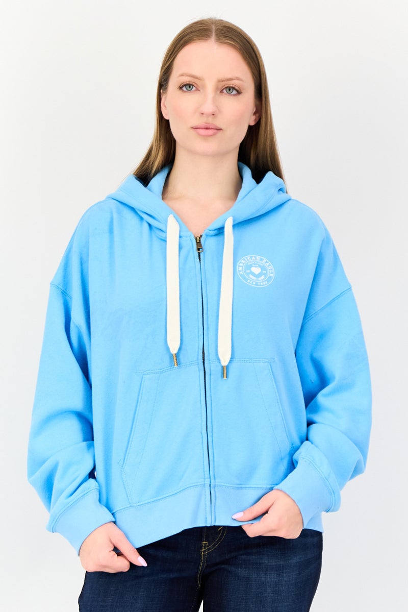 American Eagle Women Brand Logo Long Sleeve Full Zip Hoodies, Blue - Image 1